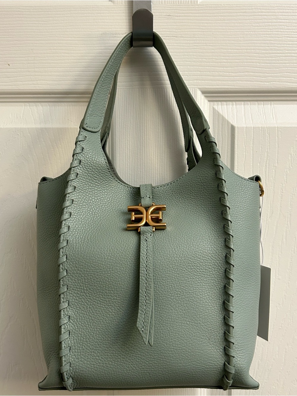 Sam Edelman Pebbled Leather Shoulder Bag in Sage Green with Gold Hardware